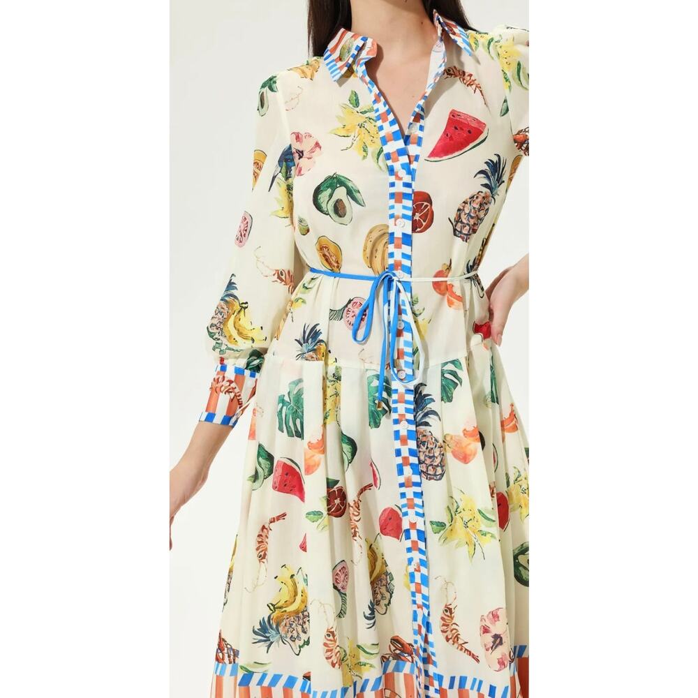 Buelah Fruit Print Midi Dress Button Front Tie Waist Size L - Picture 3 of 16